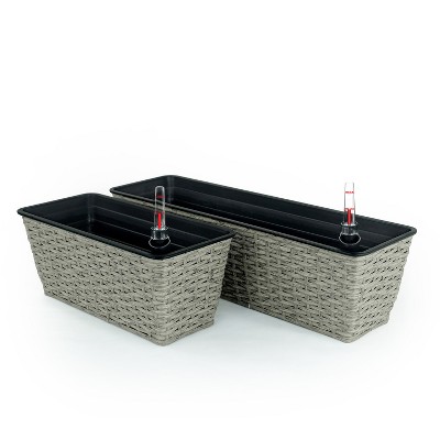 XINGHANZHENXUAN Brown 2 Pack Self-Watering Wicker Planter Boxes, Handwoven Rectangular Raised Flower Pots for Indoor, Outdoor