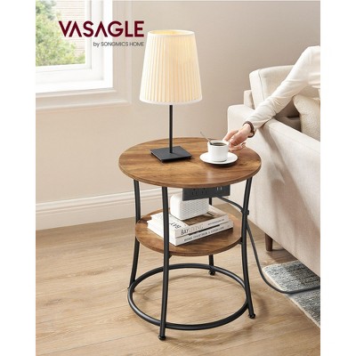 2-Tier Round Side Table with Built-in Power Outlets, Sturdy Steel Frame End Table for Compact Spaces