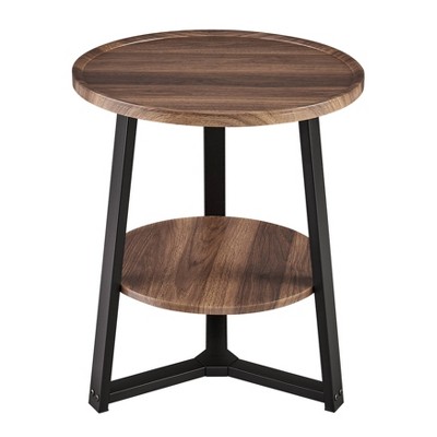 Danya B. 23.3"x19.7" Mason Round 2 Tier Mid-Century Side Accent Table with Modern Pedestal Legs Walnut/Black: Space-Saving, MDF Laminate