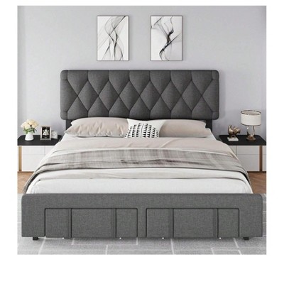 Upholstered Bed Frame 2 Drawers Solid Wood Slats No Box Spring Needed Beige Grey Full King