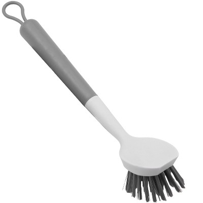 OU Cleaning Scrub Brush, Heavy Duty Cleaning Scrubber Brush for Bathroom & Kitchen, Nonslip Soft Silicone Grip Handle & Built-In Scraper