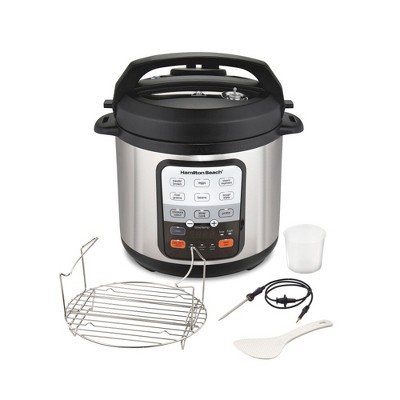 Hamilton Beach 6qt Pressure Cooker with Probe 34506: Metal, 1000W, Bakes & Roasts, Over-Pressure Plug, Silver