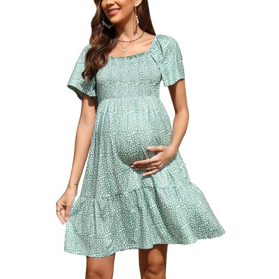 Women's Maternity Square Neck Short Sleeve Summer Casual Dress Smocked Boho Ruffle Midi Dress Baby Shower Photoshoot