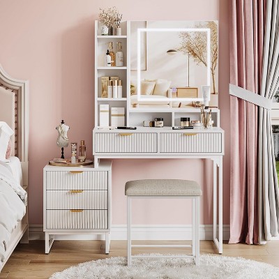 Makeup Vanity Desk with Mirror, Vanity Table with 5 Drawers, Vanity Set with Stool and Removable Side Storage Cabinet for Bedroom, White & Gold