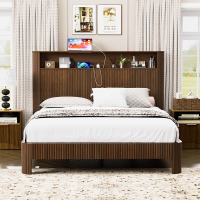 ModernLuxe Queen/Full XL Size Bed Frame with Storage Headboard, Built-in Charging Station, Wavy Design, Quiet Support