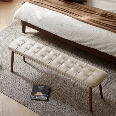 CAVINAS Modern Natural Solid Wood Ottoman Bench With Leather Cushion,Simple Dining Bench for Living Room,Dining Room