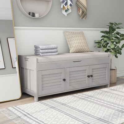 Lyngins Rustic Storage Bench with 3 Shutter Doors, Shoe Bench with Removable Cushion, Pine Wood Entryway Bench with Storage & Adjustable Shelf