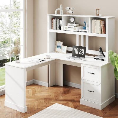 Zevemomo 60" L Shaped Desk with Hutch and Drawers, Corner Computer Desk with Open Storage Shelves,for Home Office or Bedroom, Modern white