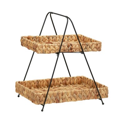 Household Essentials Hyacinth 2-Tier Basket Organizer: Water Hyacinth Storage with Handle, Multicolor, Rectangle Shape