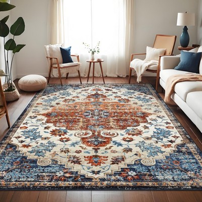 Vintage Medallion Area Rug Floral Print Rug Machine Washable Area Rug, Non Slip Low Pile Accent Rugs for Living Room Bedroom
