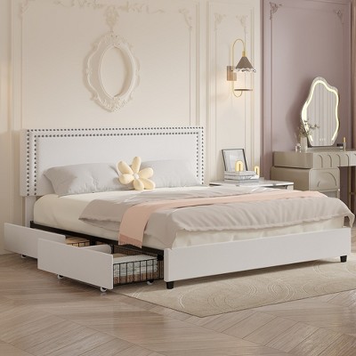 VECELO Upholstered Platform Bed Frame Platform with 4 Storage Drawers, Adjustable Velvet Rivets Headboard