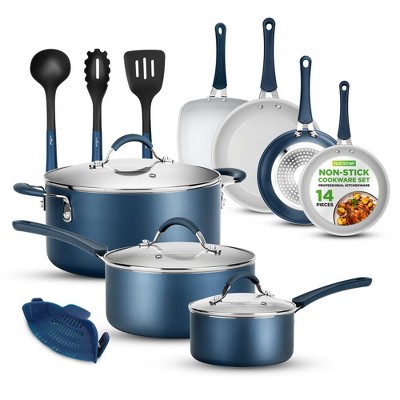 NutriChef 14-Piece Non-Stick Kitchen Cookware Set - Sauce Pots, Fry Pans, Dutch Oven, Soup Ladle, and Kitchen Tools (Blue)