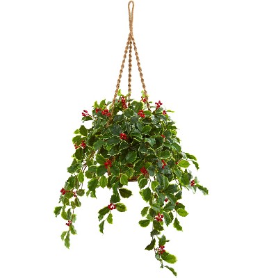 Nearly Natural 40-in Variegated Holly with Berries Artificial Plant in Hanging Basket (Real Touch)