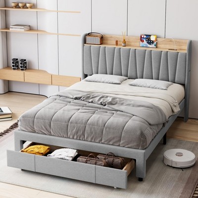 Whizmax Bed Frame with 2 Storage Drawers, Upholstered Platform Bed Frame with Storage Headboard, Mattress Foundation with Solid Wooden Slats Support