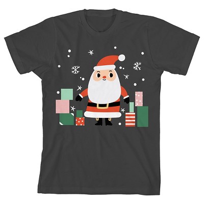 Cartoon Santa Claus With Presents and Snow Youth Girl's Charcoal Short Sleeve Crew Neck Tee