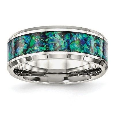 Black Bow Jewelry 8mm Stainless Steel Blue Imitation Opal Inlay Comfort Fit Band