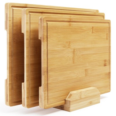 Bamboo Cutting Board Set of 3, Kitchen Cutting Board Set With Holder, Chopping Board Set With Deep Juicy Groove and Back Inner Handles