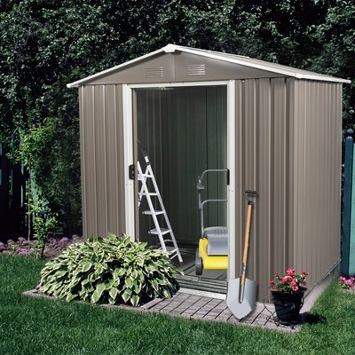 6 x 5FTOutdoor Metal Storage Shed w/Floor Frame Sun Protection Waterproof Storage House w/Lockable Sliding Door For Patio Lawn Backyard Steeple