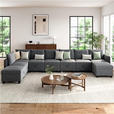 U-Shaped Modular Sectional Sofa Couch with Storage, Seater Convertible Sofa with Ottomans, Velveteen Fabric Sofa for Living Room, Grey