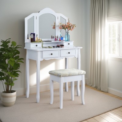 Vanity Desk Classic with Tri-Fold Mirror and 4 Drawers for Bedroom 31.5in Wide-3irtyhousy