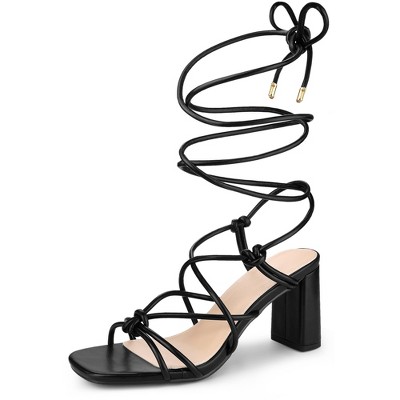Perphy Women's Square Toe Strappy Lace Up Slingback Chunky Heel Sandals