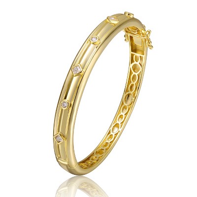 Guili Chic 14k Gold Plated Bangle Bracelet with Clear Cubic Zirconia and Grooved Detailing – Elegant, Sparkling, and Stylish Design