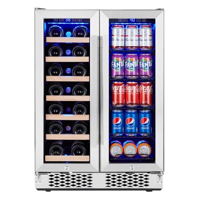 24 Inch Wine and Beverage Refrigerator, Dual Zone Wine Cooler with Glass Door Hold 20 Bottles and 78 Cans