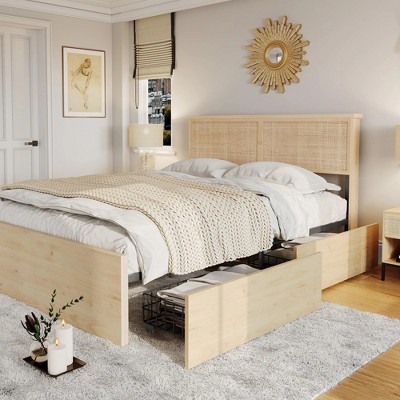 Brafab Natural Rattan Queen Size Bed Frame with Wooden Headboard and 4 Storage Drawers,Beige