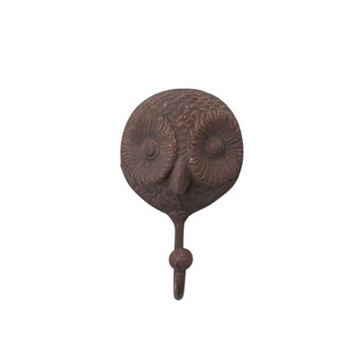 Storied Home Rustic Carved Cast Iron Owl Wall Hook, Distressed Brown
