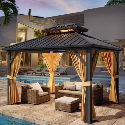 10x12FT Metal Hardtop Gazebo with Reinforced Roof, UV-Blocking SunShield, Lockable Privacy Curtains, Outdoor Patio Canopy for Backyard & Deck