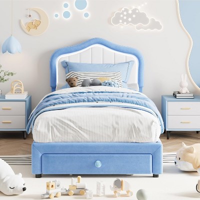 Upholstered Bed Frame with Led Lights and Storage Drawer, Cute Velvet Led Bed Frame with Headboard for Kids, Girls, Boys
