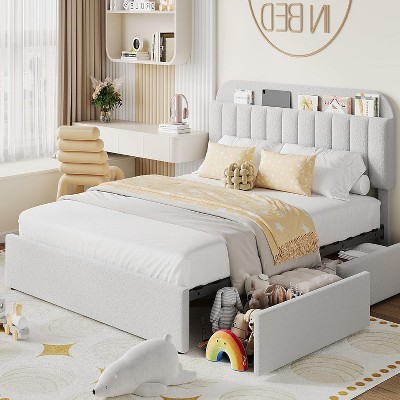 Acekool Platform Bed Frame with Bookcase Headboard & 2 Flexible Drawers, Boucle Upholstery, Quiet Metal Frame, Easy Assembly