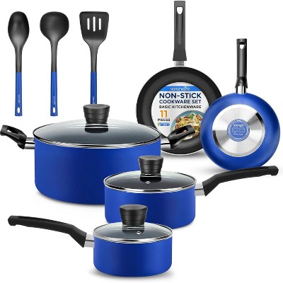 SereneLife Kitchenware Pots & Pans Set – Basic Kitchen Cookware, Black Non-Stick Coating Inside, Heat Resistant Lacquer (11-Piece Set)