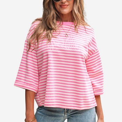Amaryllis Women’s Striped Wide Sleeve Top with Open Back Statement Bow Detail Relaxed Fit Casual