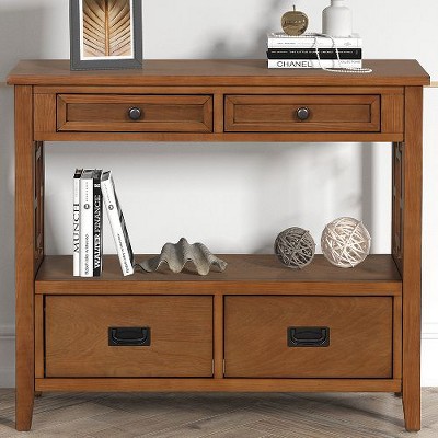 PAGED Vintage Solid Pine Console Table with 4 Drawers & 1 Storage Shelf, 36" Farmhouse Entryway Table, Mixed Handle Design Sofa Table