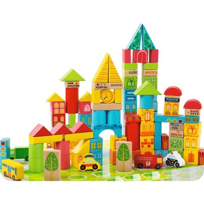 JuzToys 100pcs Wooden Building Blocks STEM Toy Set – Toy Vehicles Including Truck and School Bus, Construction Stacking Toys for Kids