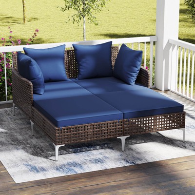Costway Outdoor Patio Daybed PE Rattan Sunbed with Sponged-Filled Pillows and Cushions Brown/Navy