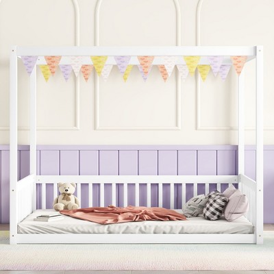 MAYEERTY Full Canopy Frame Floor Bed with Fence, Guardrails, White