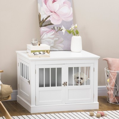 DSVIMOY Dog Crate End Table with Triple Doors, Wooden Dog Crate Furniture Indoor Use, Puppy Crate for Small Dogs, White, 30.8"*20.8"*23.3"