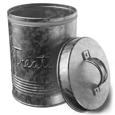 Amici Pet Retro Treats Canister - 72 Oz Galvanized Metal Food Storage with Embossed Design, Airtight Silicone Gasket Lid - 5.5" H x 8" W