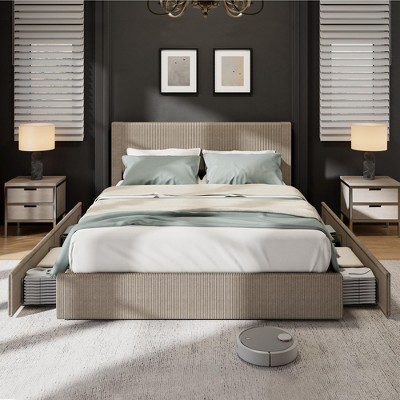 Full/Queen/King Size Bed Frame with Tufted Wingback Headboard, Platform Corduroy Upholstered Bed Frame with 4 Storage Drawers