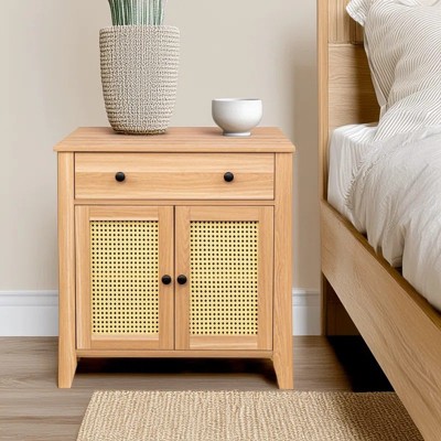 COMHOMA Wood Cabinet with Rattan Door, Sliding Drawer, Adjustable Shelf, Nightstand, Bedside Table