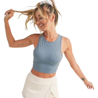 Slickblue Women's Corset-Inspired Cropped Tank, Slim Fit, High Neck, Back Cut-Out Tie, Blue/Cream/Black, Size S-L