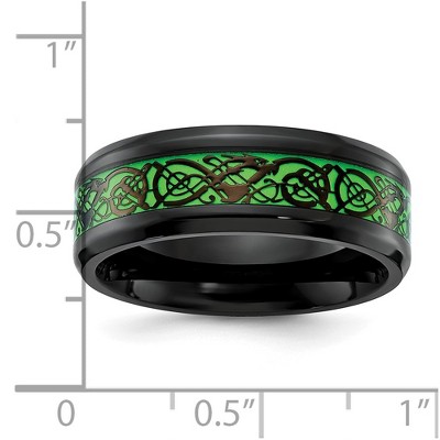 Chisel Stainless Steel Polished Black IP-plated Dragon Design with Green Glow Enamel 8mm Band Ring
