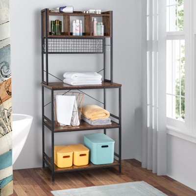 Karl Home 5-Tier Kitchen Bakers Rack with 10 S Hooks and 3 Cubes Rustic Brown