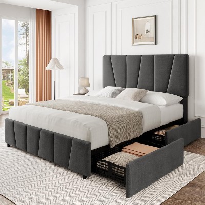 Bed Frame with Adjustable Headboard and Storage Drawers, Upholstered Platform Bed Frame with Wooden Slats Support, No Box Spring Needed, Dark Grey