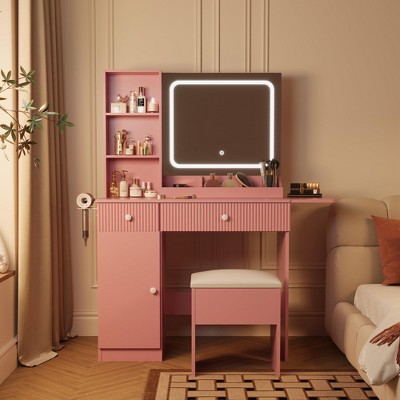 Vanity Desk with Mirror and Lights, Makeup Vanity Table with 3 Lighting Modes, Storage Stool, Bedroom Vanity Set with Storage Shelves