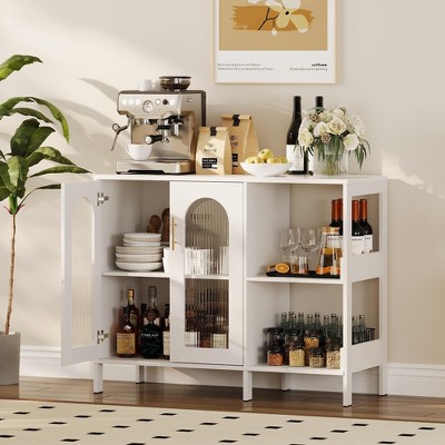 Storage Cabinet, Modern Buffet Cabinet with Glass Doors, Coffee Bar Cabinet with 2 Open Storage Shelves and Metal Handle
