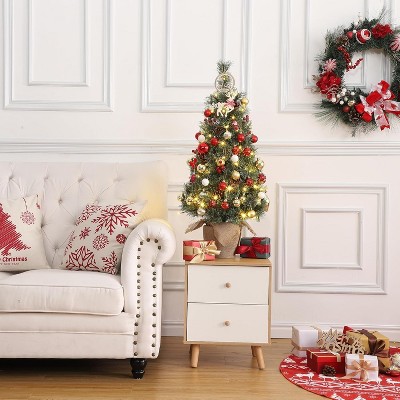 Whizmax 3FT Pre-Lit Mini Christmas Tree with 78 Warm White LED Lights,Holiday Xmas Tree with Pine Cones, Red Berry Clusters and Cloth Bag Base