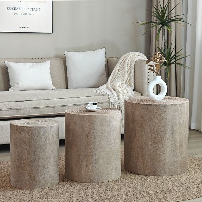 Lyngins Rustic Nesting Side Table Set of 3 – Stump-Style Wood Grain Round End Table for Living Room, Distressed Nightstand, Small Coffee Table